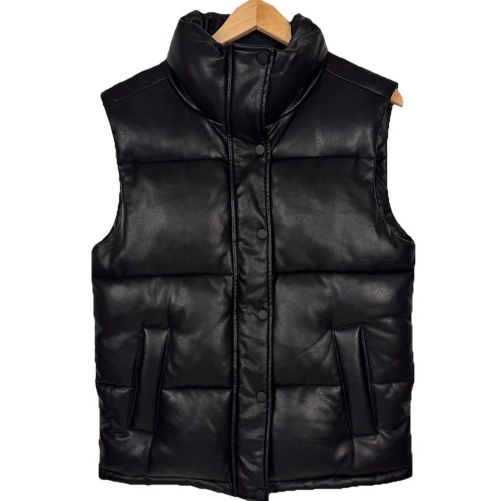 Marc‎ New York Puffer Vest Women Small Black Sleeveless Faux Leather Quilted